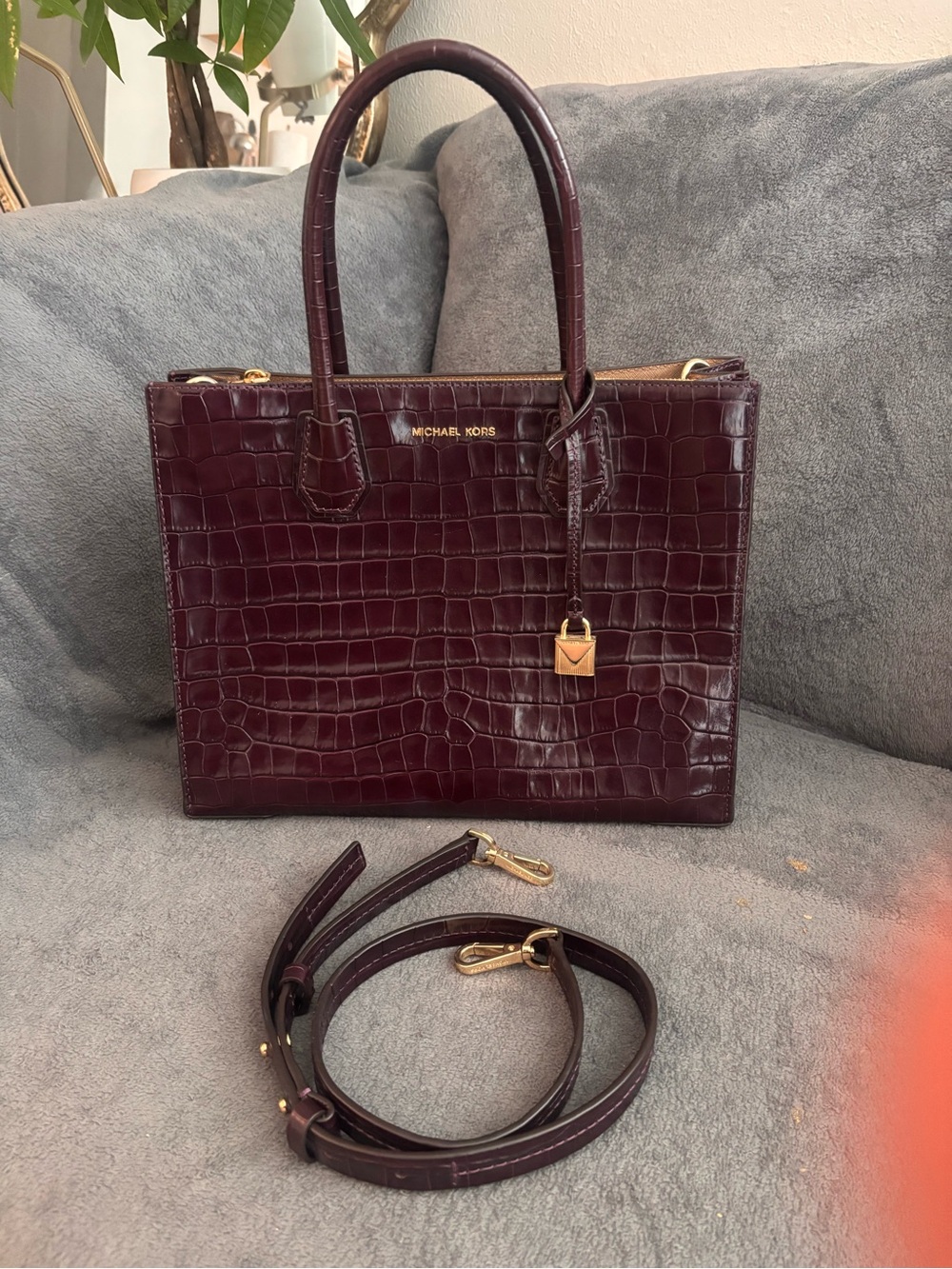 Gorgeous Michael Kors Croc-Embossed Satchel in Burgundy with Gold Hardware